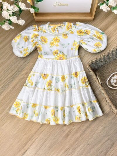 Bella Moda Balloon Sleeves Schifflie Designed Dress-Yellow