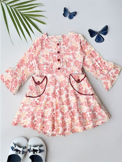 Bella Moda Full sleeves floral printed front two pocket dress-Peach