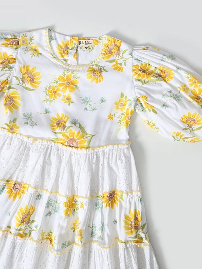 Bella Moda Balloon Sleeves Schifflie Designed Dress-Yellow - Image 3
