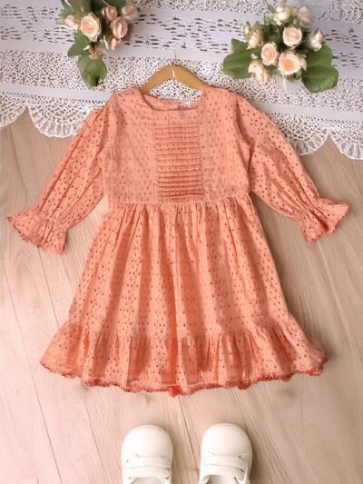 Bella Moda 3/4th Sleeves All Over schifflie designed soild Dress-Peach