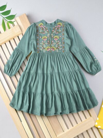 Bella Moda Cotton Three Fourth Sleeves Floral Embroidered Knee Length Dress - Green