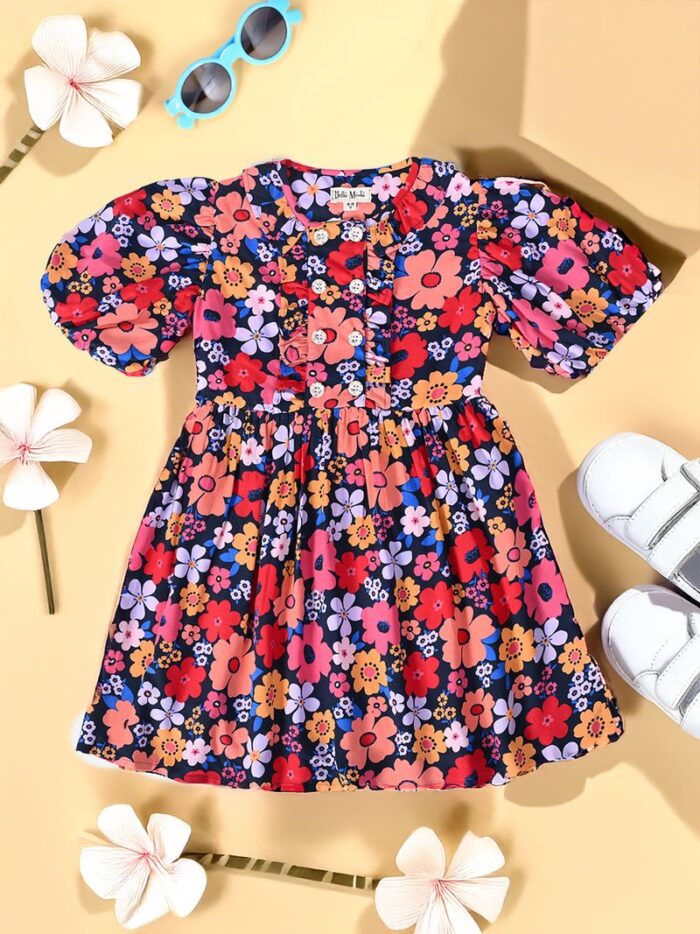 Bella Moda Balloon sleeves Floral printed Dress-Pink