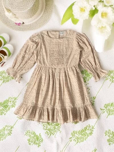Bella Moda 3/4th Sleeves All Over schifflie designed soild Dress-Beige