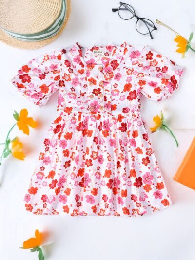 Bella Moda Balloon sleeves Floral printed Dress-Red