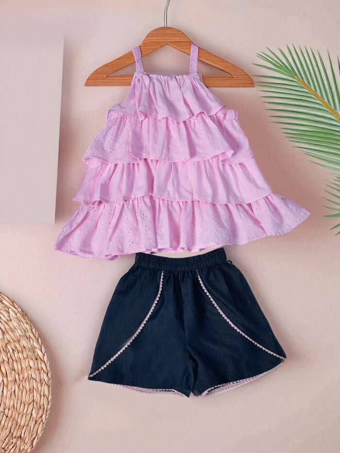 Baby Girls Casual Top Shorts  (Pink)