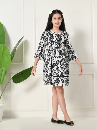 Girls Midi/Knee Length Casual Dress (White, 3/4 Sleeve)