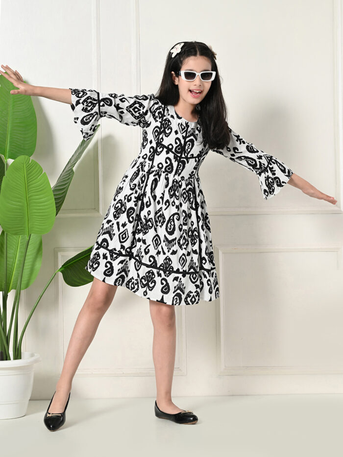 Girls Midi/Knee Length Casual Dress (White, 3/4 Sleeve) - Image 4