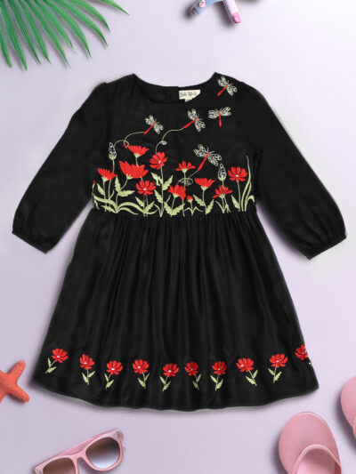 Girls Midi/Knee Length Casual Dress (Black, 3/4 Sleeve)