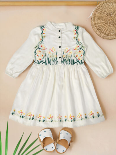 Girls Midi/Knee Length Casual Dress (White, 3/4 Sleeve)