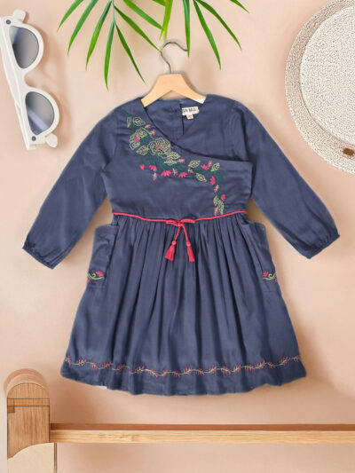 Girls Midi/Knee Length Casual Dress (Blue, 3/4 Sleeve)
