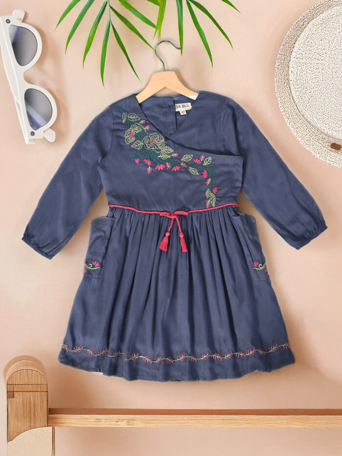 Girls Midi/Knee Length Casual Dress (Blue, 3/4 Sleeve)