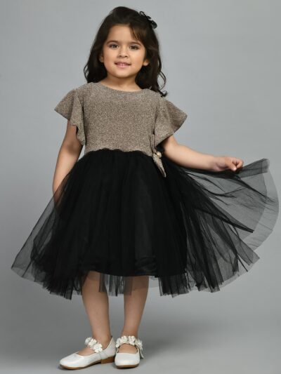 Girls Midi/Knee Length Party Dress  (Gold, Short Sleeve)