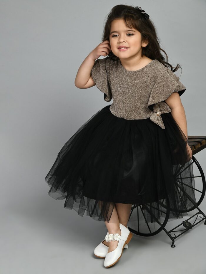 Girls Midi/Knee Length Party Dress  (Gold, Short Sleeve) - Image 4
